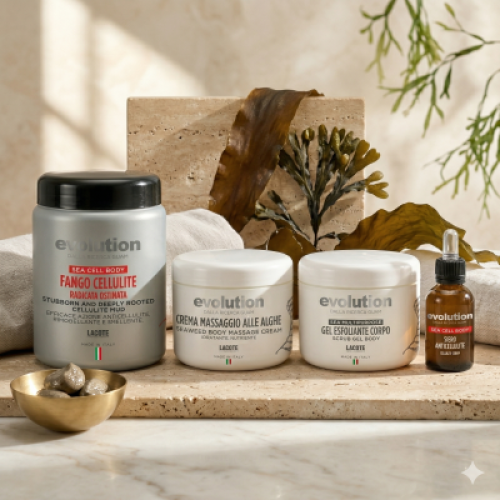 Kit complet Sea Cell Body pentru împachetări corporale cu alge marine, specializat în celulită fibroasă și neocolageneză.