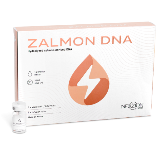 Zalmon DNA booster regenerativ cu ADN de somon – cutie și vial Infuzion System pe fundal alb